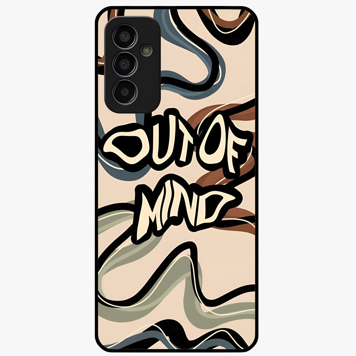Out Of Mind Glass Case showing flat back view with expressive typography artwork and glossy glass finish.