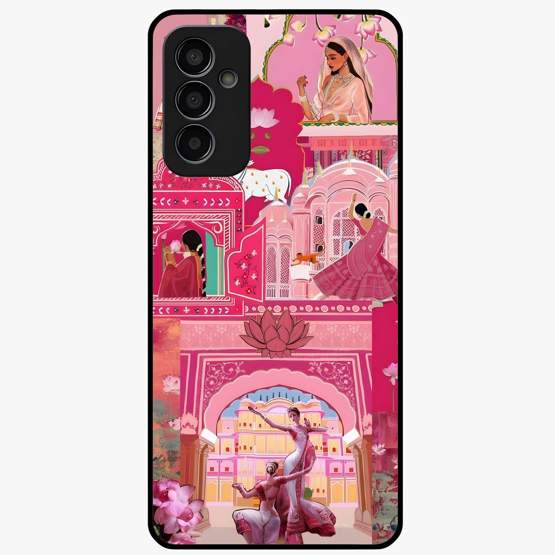 Pink Palace Muse Glass Case showing flat back view with elegant palace inspired artwork and glossy glass finish.
