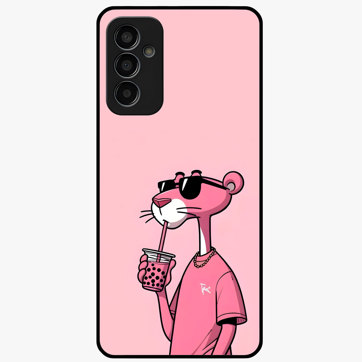 Pink Panther Glass Case showing flat back view with iconic pink panther artwork and glossy glass finish.