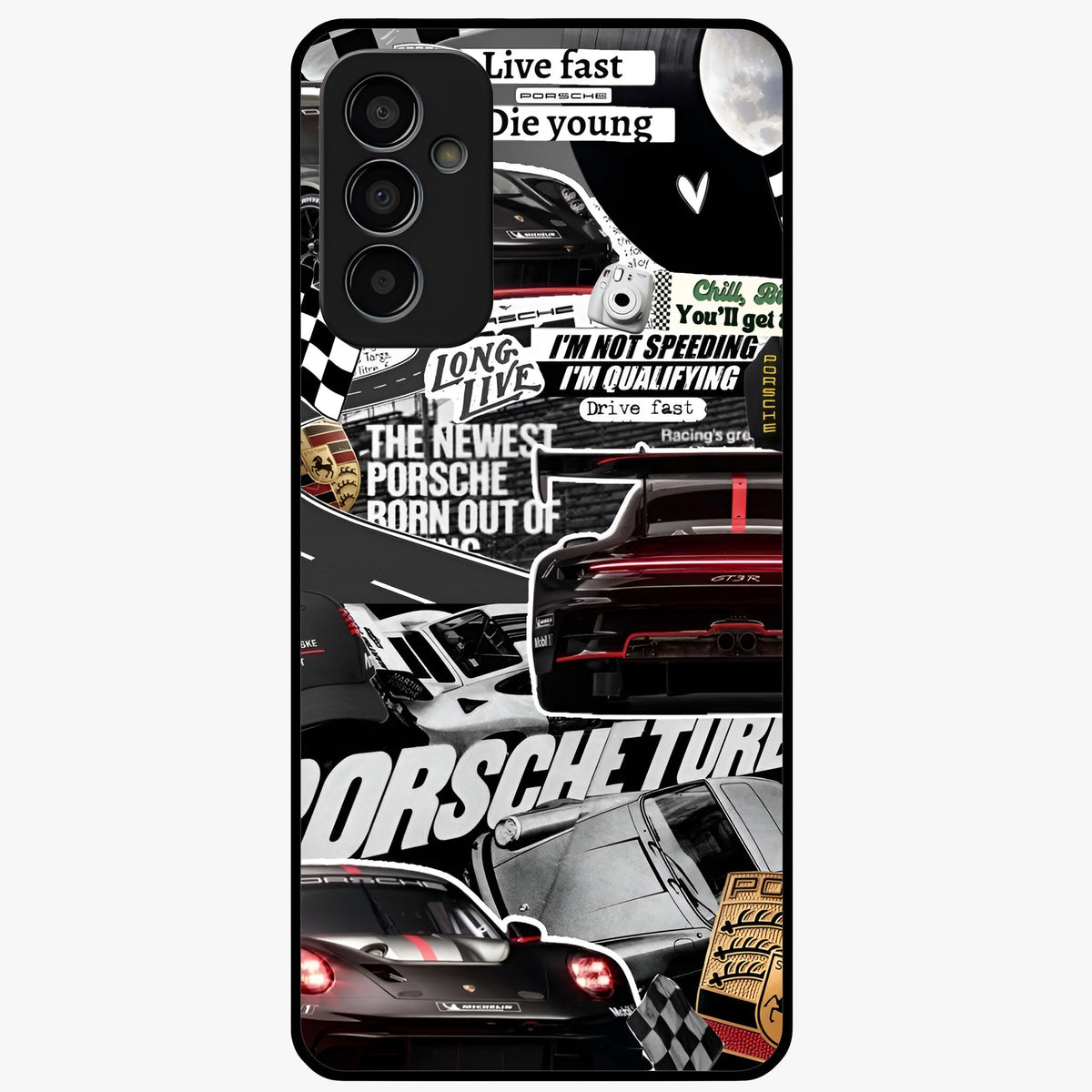 Porsche Racing Collage Glass Case showing flat back view with sports car racing collage artwork and glossy glass finish.