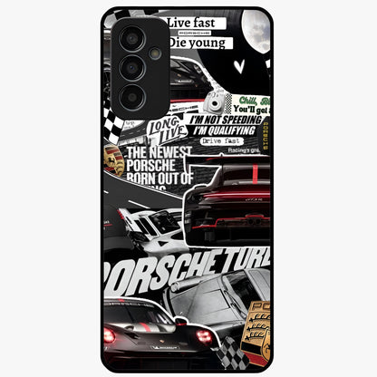 Porsche Racing Collage Glass Case showing flat back view with sports car racing collage artwork and glossy glass finish.