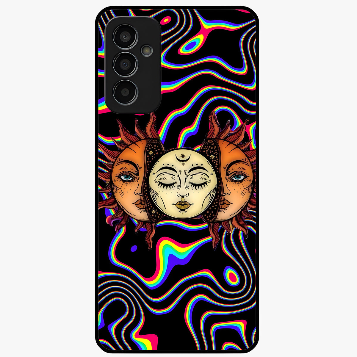 Psychedelic Sun Glass Case showing flat back view with colorful psychedelic sun artwork and glossy glass finish.