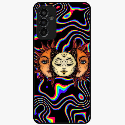 Psychedelic Sun Glass Case showing flat back view with colorful psychedelic sun artwork and glossy glass finish.