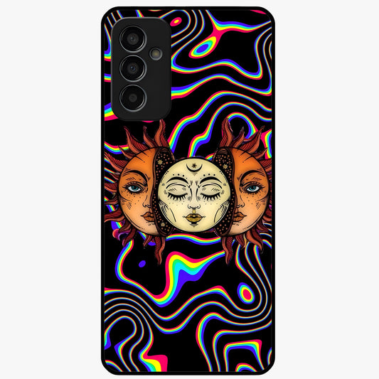 Psychedelic Sun Glass Case showing flat back view with colorful psychedelic sun artwork and glossy glass finish.
