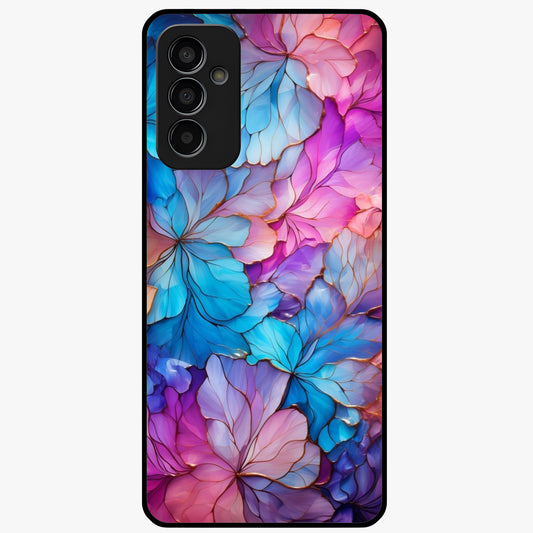 Radiant Floral Whirl Glass Case showing flat back view with swirling floral artwork and glossy glass finish.