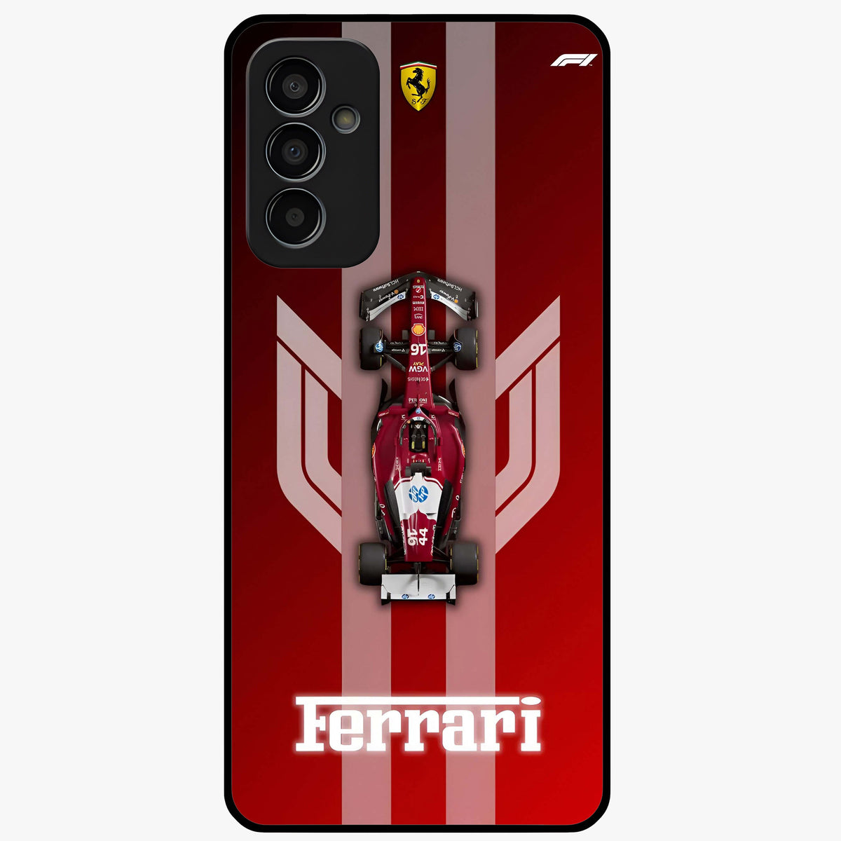 Red Ferrari F1 Vertical Glass Case showing flat back view with sleek Formula racing car artwork and glossy glass finish.