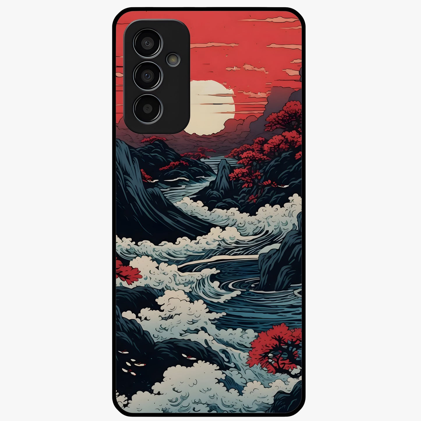 Red Sunset Scenery Glass Case showing flat back view with vibrant sunset landscape artwork and glossy glass finish.