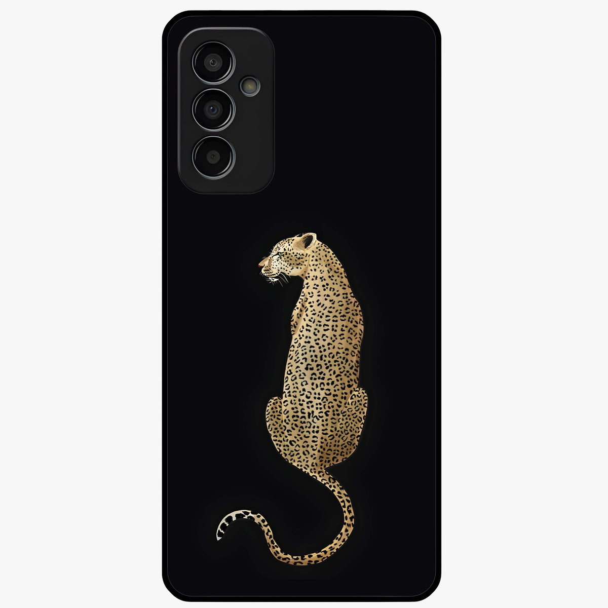 Regal Leopard Glass Case showing flat back view with bold leopard artwork and glossy glass finish.