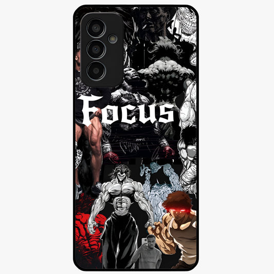 Relentless Power Focus Glass Case showing flat back view with motivational typography artwork and glossy glass finish.