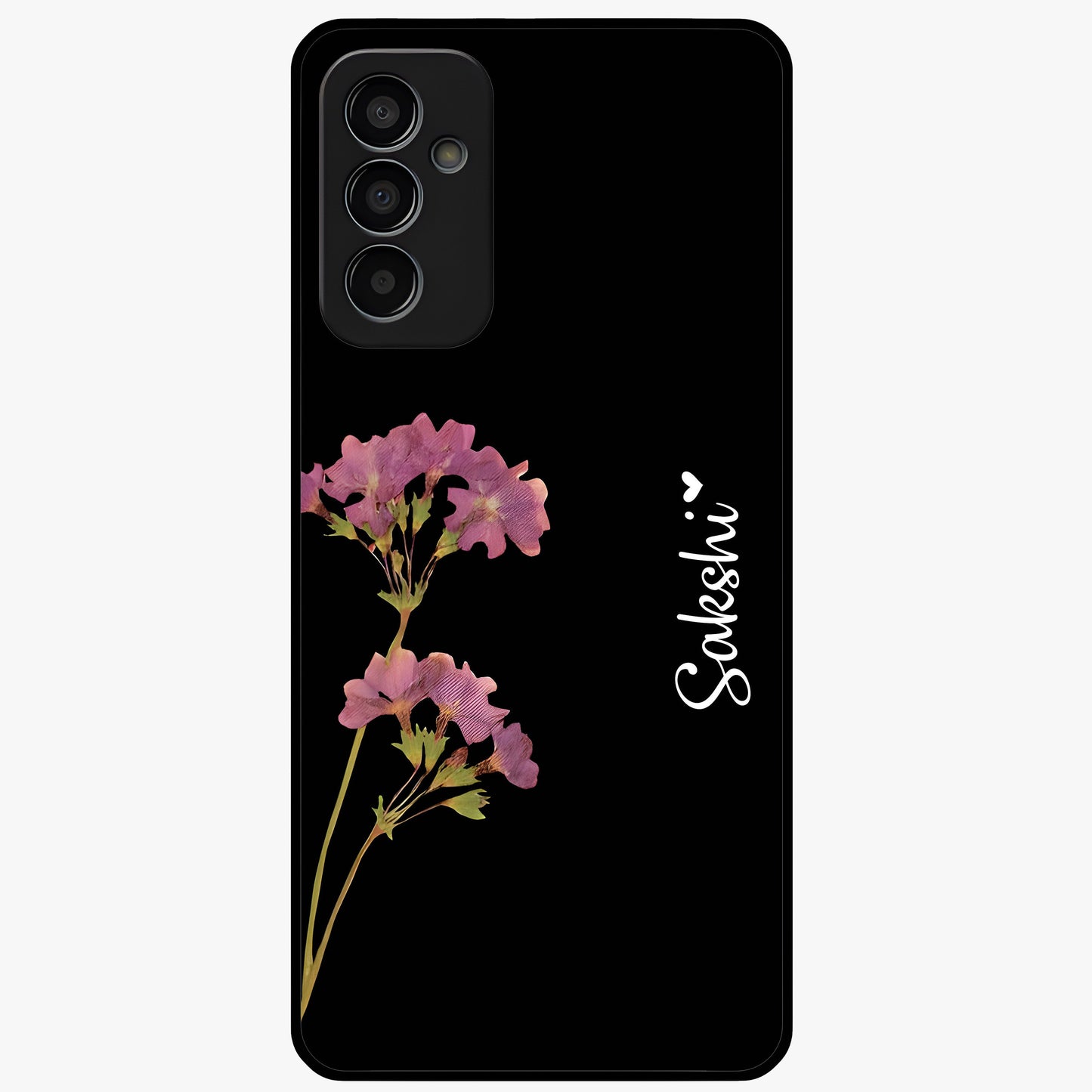 Riching Lavender Flower Custom Name Glass Case showing flat back view with lavender floral artwork and personalized name design.