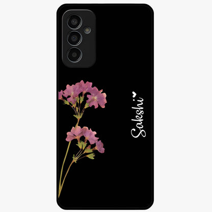 Riching Lavender Flower Custom Name Glass Case showing flat back view with lavender floral artwork and personalized name design.