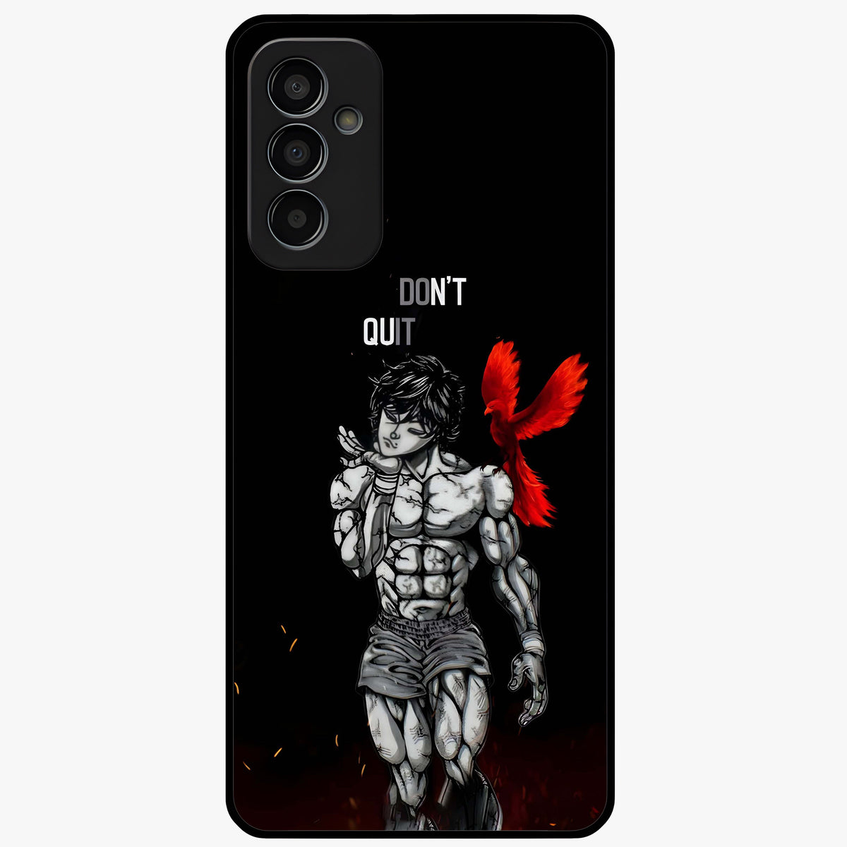 Rise Beyond Limits Glass Case showing flat back view with motivational typography artwork and glossy glass finish.