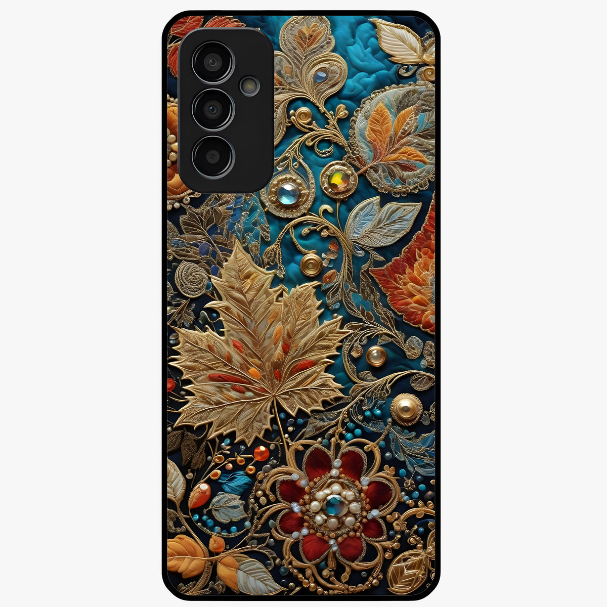 Royal Jewel Garden Glass Case showing flat back view with decorative floral garden artwork and glossy glass finish.