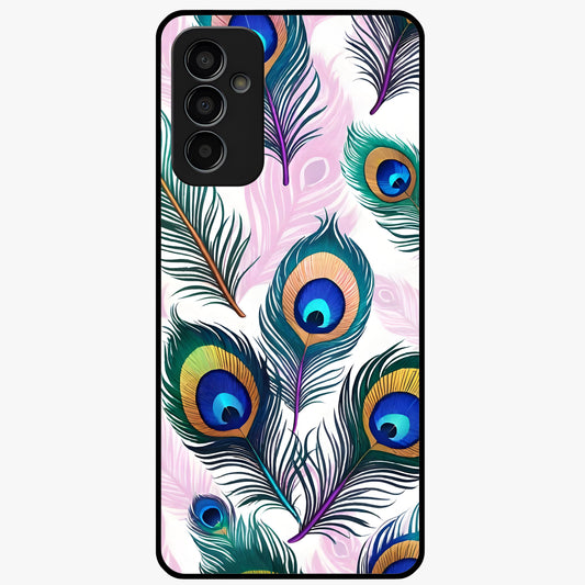 Royal Peacock Feathers Glass Case showing flat back view with colorful peacock feather artwork and glossy glass finish.