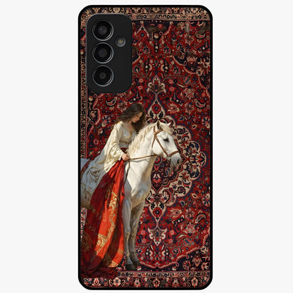 Royal Rider Tapestry Glass Case showing flat back view with majestic horse rider tapestry artwork and glossy glass finish.