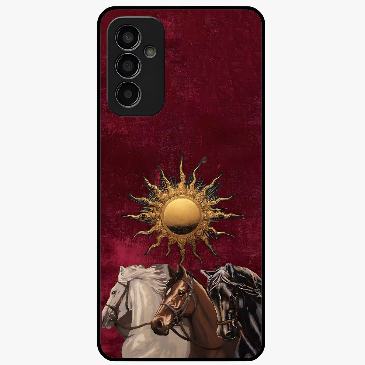 Solar Riders Glass Case showing flat back view with dynamic rider themed artwork and glossy glass finish.