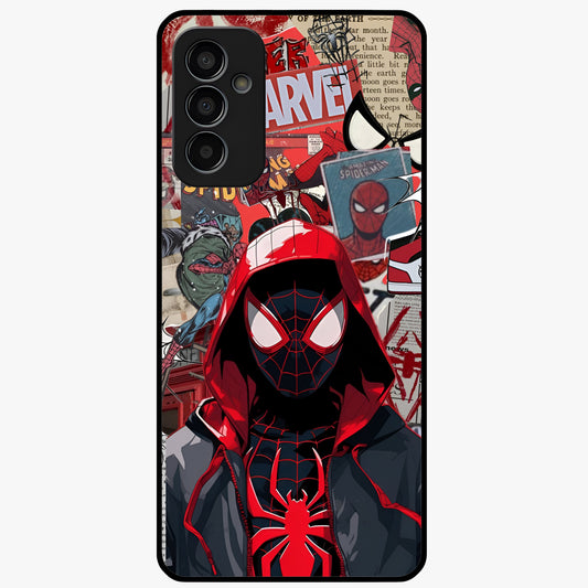 Spider Collage Street Glass Case showing flat back view with vibrant superhero collage artwork and glossy glass finish.