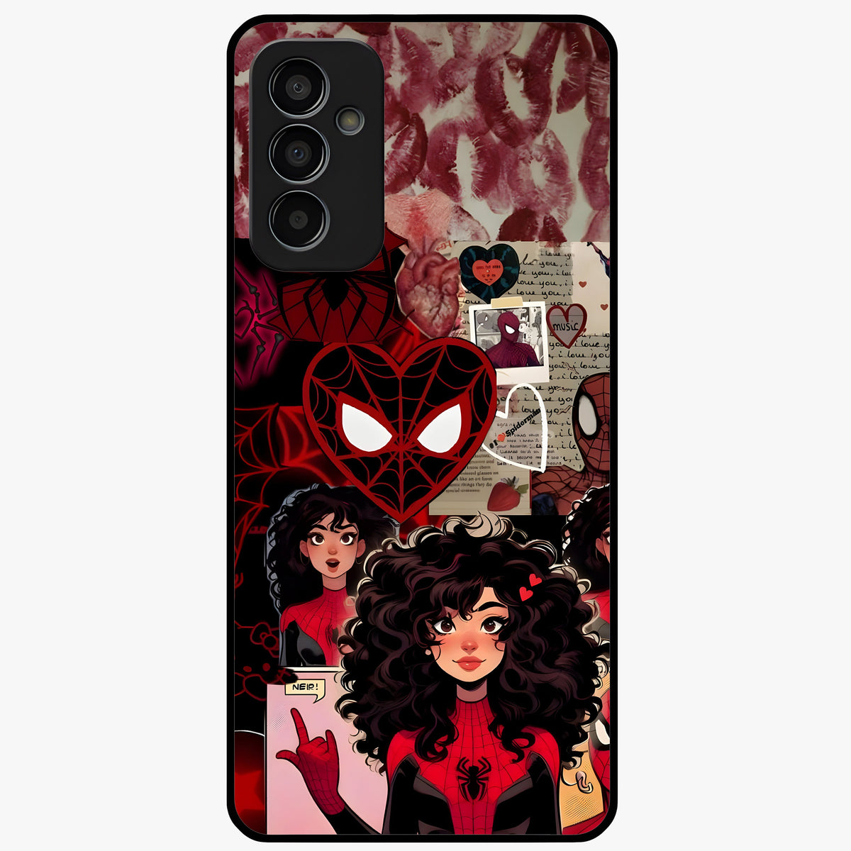 Spider Love Story Glass Case showing flat back view with romantic superhero themed artwork and glossy glass finish.