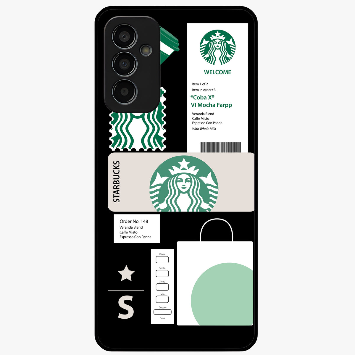 Starbucks Mocha Glass Case showing flat back view with coffee inspired artwork and glossy glass finish.
