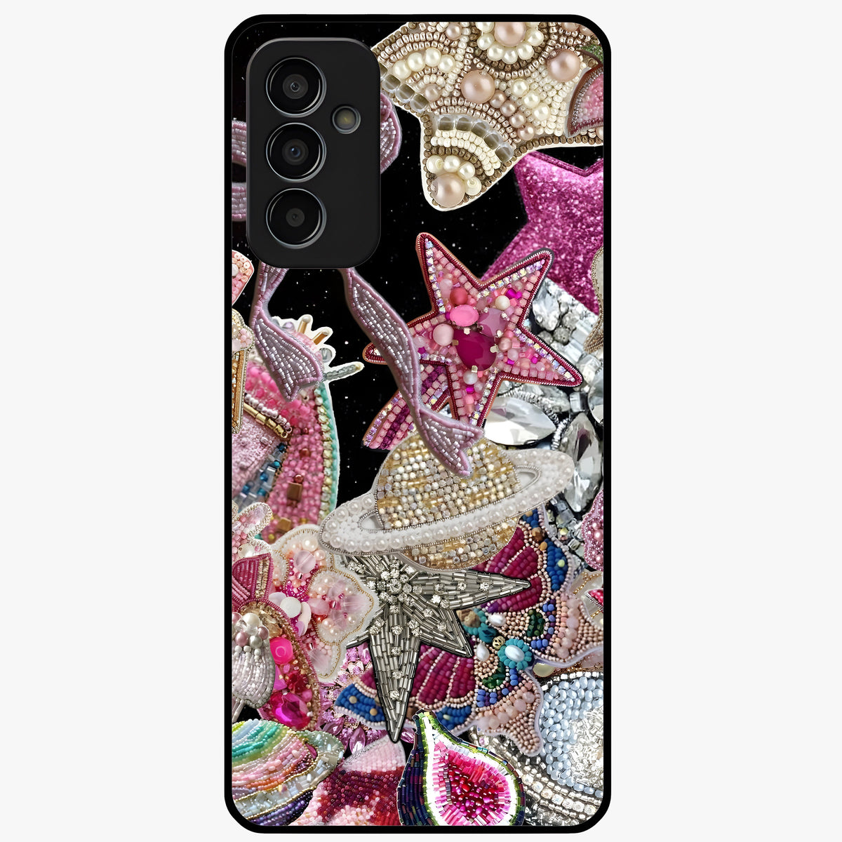 Starlit Jewel Dream Glass Case showing flat back view with sparkling jewel and star themed artwork and glossy glass finish.