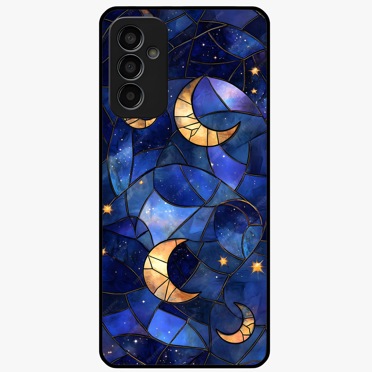 Starlit Sky Tapestry Glass Case showing flat back view with decorative starry sky tapestry artwork and glossy glass finish.