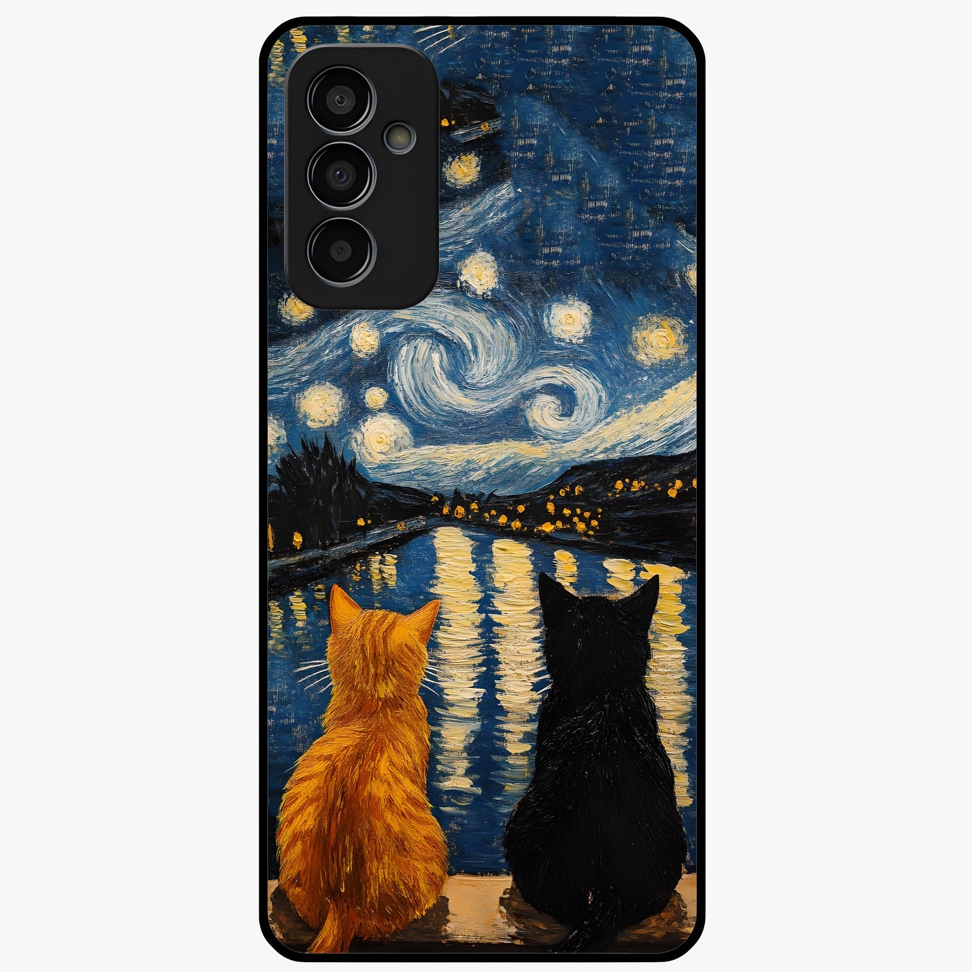 Starry River Cats Glass Case showing flat back view with cats by a starry river artwork and glossy glass finish.