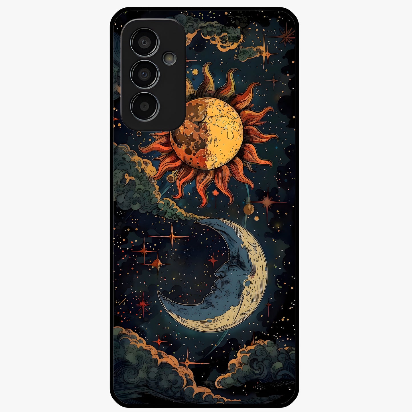 Sun And Moon Magic Design Glass Case showing flat back view with mystical sun and moon artwork and glossy glass finish.