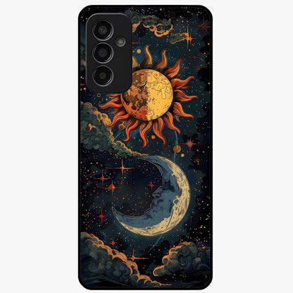 Sun And Moon Magic Design Glass Case showing flat back view with mystical sun and moon artwork and glossy glass finish.