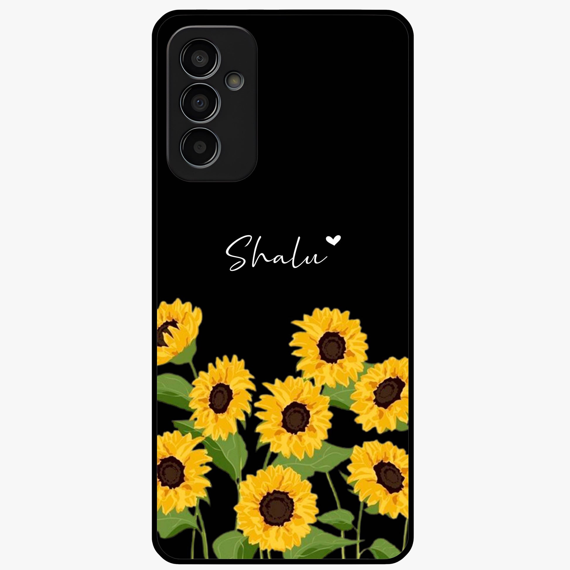 Sunflower Chic Mood Custom Name Glass Case showing flat back view with stylish sunflower artwork and personalized name design.