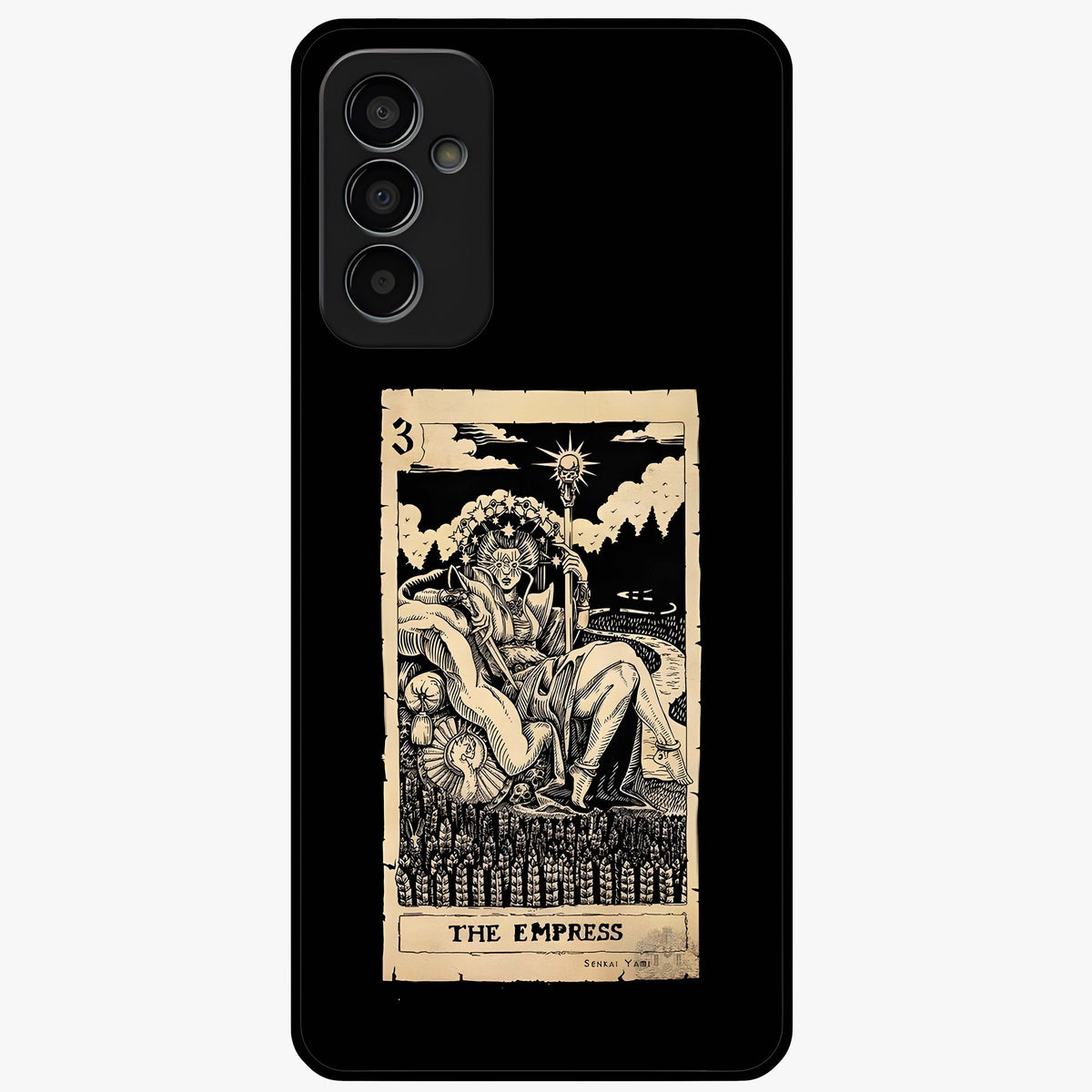 The Empress Glass Case showing flat back view with regal feminine artwork and glossy glass finish.