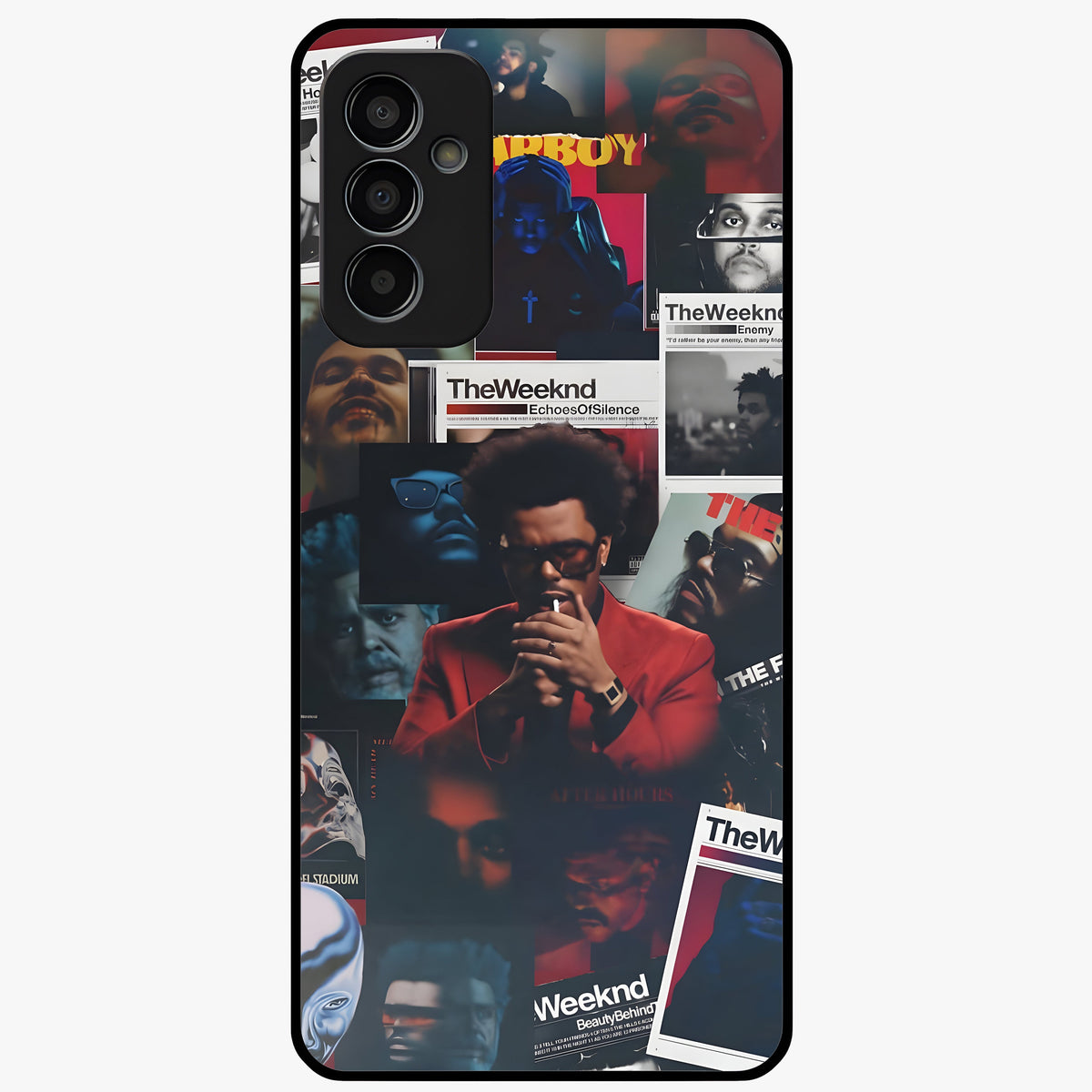 The Weeknd Glass Case showing flat back view with music inspired artistic portrait artwork and glossy glass finish.