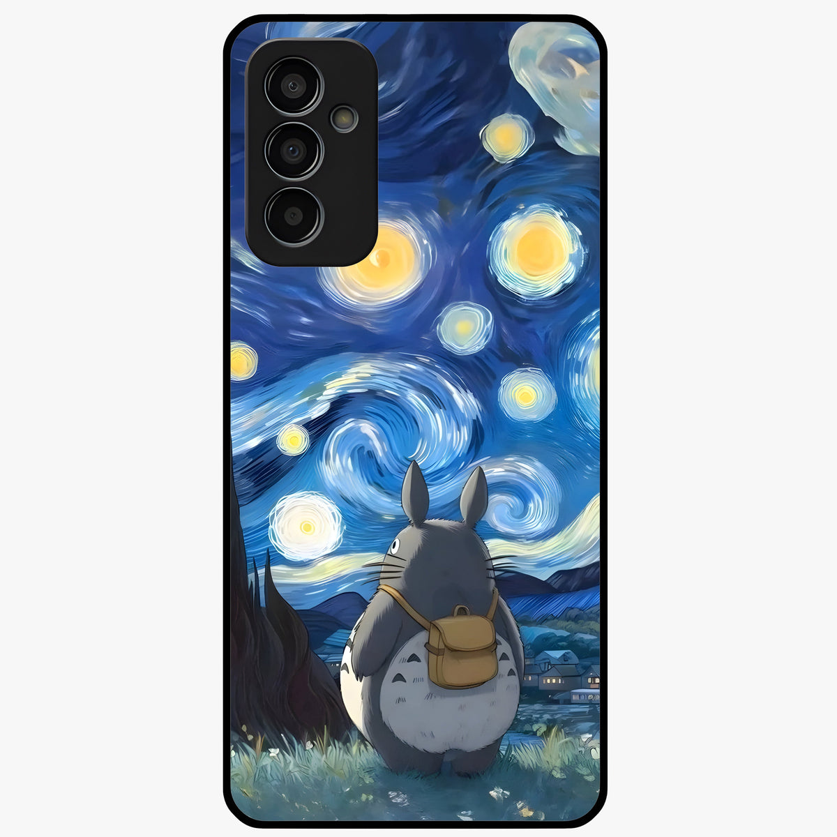 Totoro In Van Gogh Art Glass Case showing flat back view with whimsical character artwork inspired by Van Gogh style and glossy glass finish.