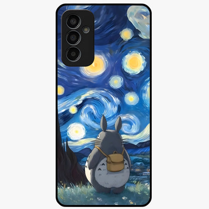 Totoro In Van Gogh Art Glass Case showing flat back view with whimsical character artwork inspired by Van Gogh style and glossy glass finish.