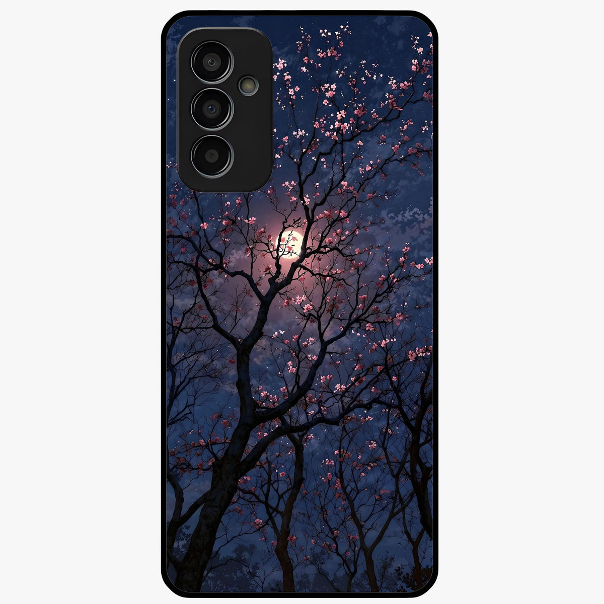 Twilight Sakura Serenade Glass Case showing flat back view with cherry blossom artwork at twilight and glossy glass finish.