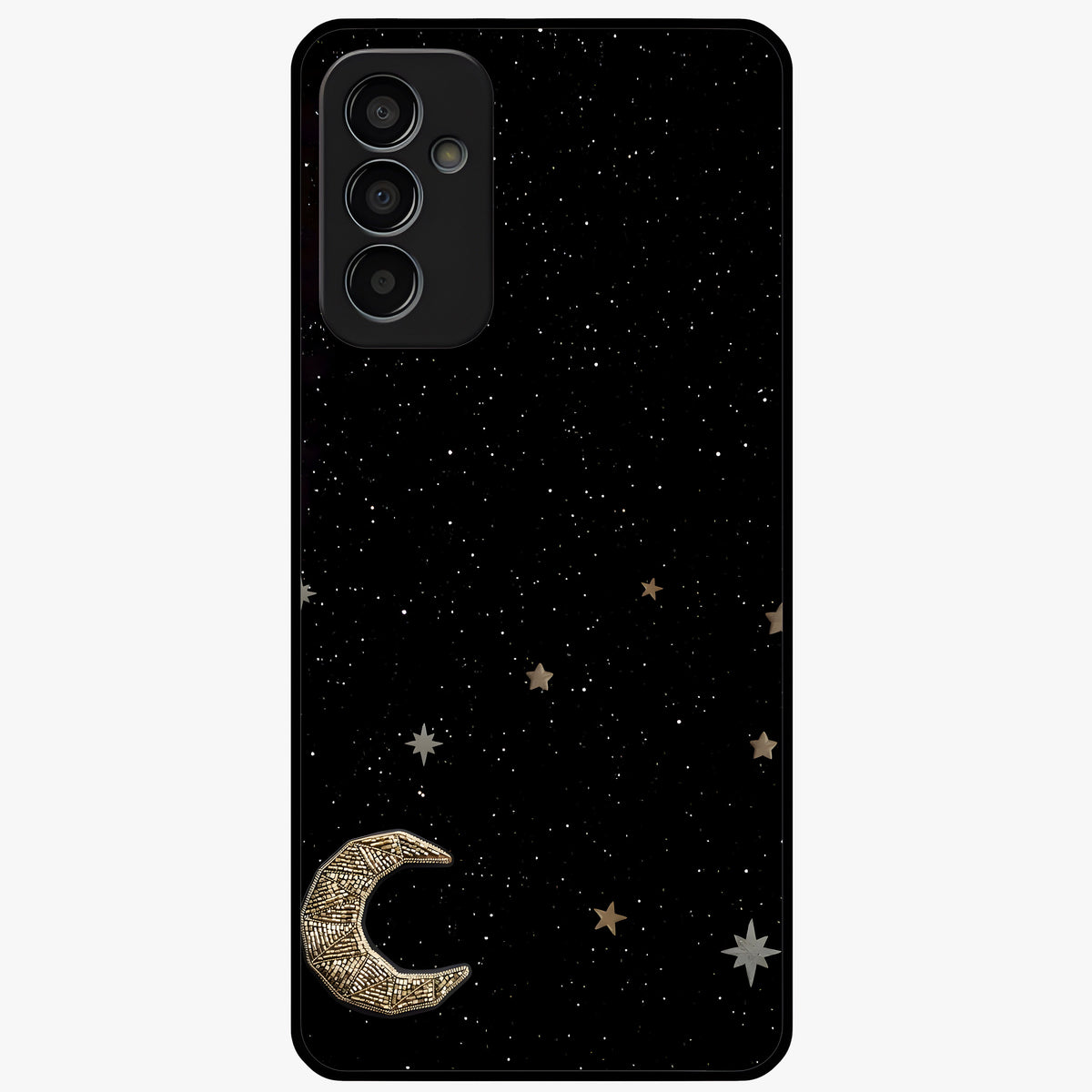 Twinkle Star With Half Moon Glass Case showing flat back view with star and half moon artwork and glossy glass finish.