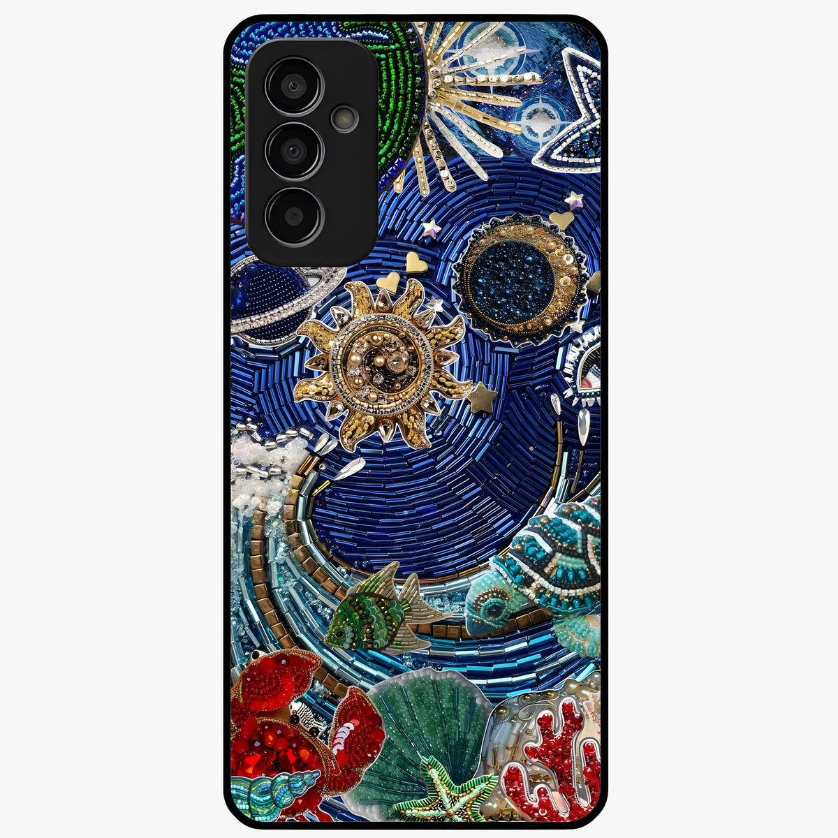Universe Underwater Spark Glass Case showing flat back view with cosmic underwater themed artwork and glossy glass finish.