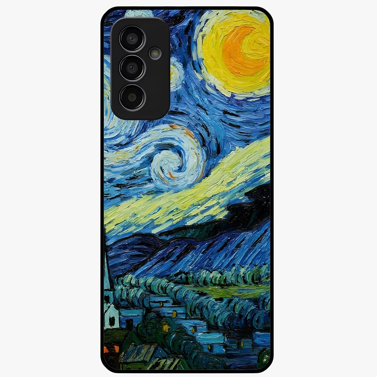 Van Gogh Art Glass Case showing flat back view with classic painterly artwork inspired by Van Gogh style and glossy glass finish.