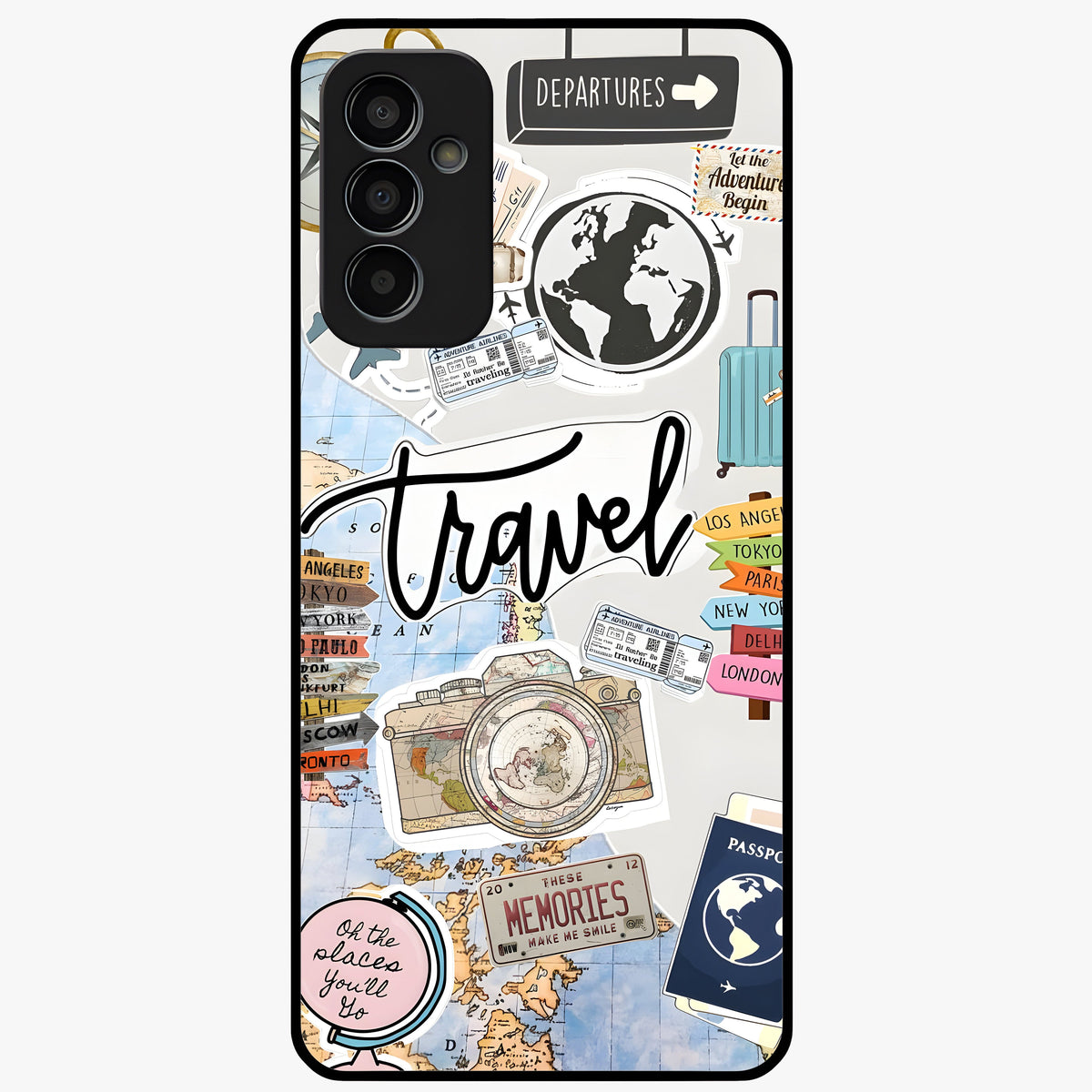 Wanderlust Journal Glass Case showing flat back view with travel inspired artwork and glossy glass finish.