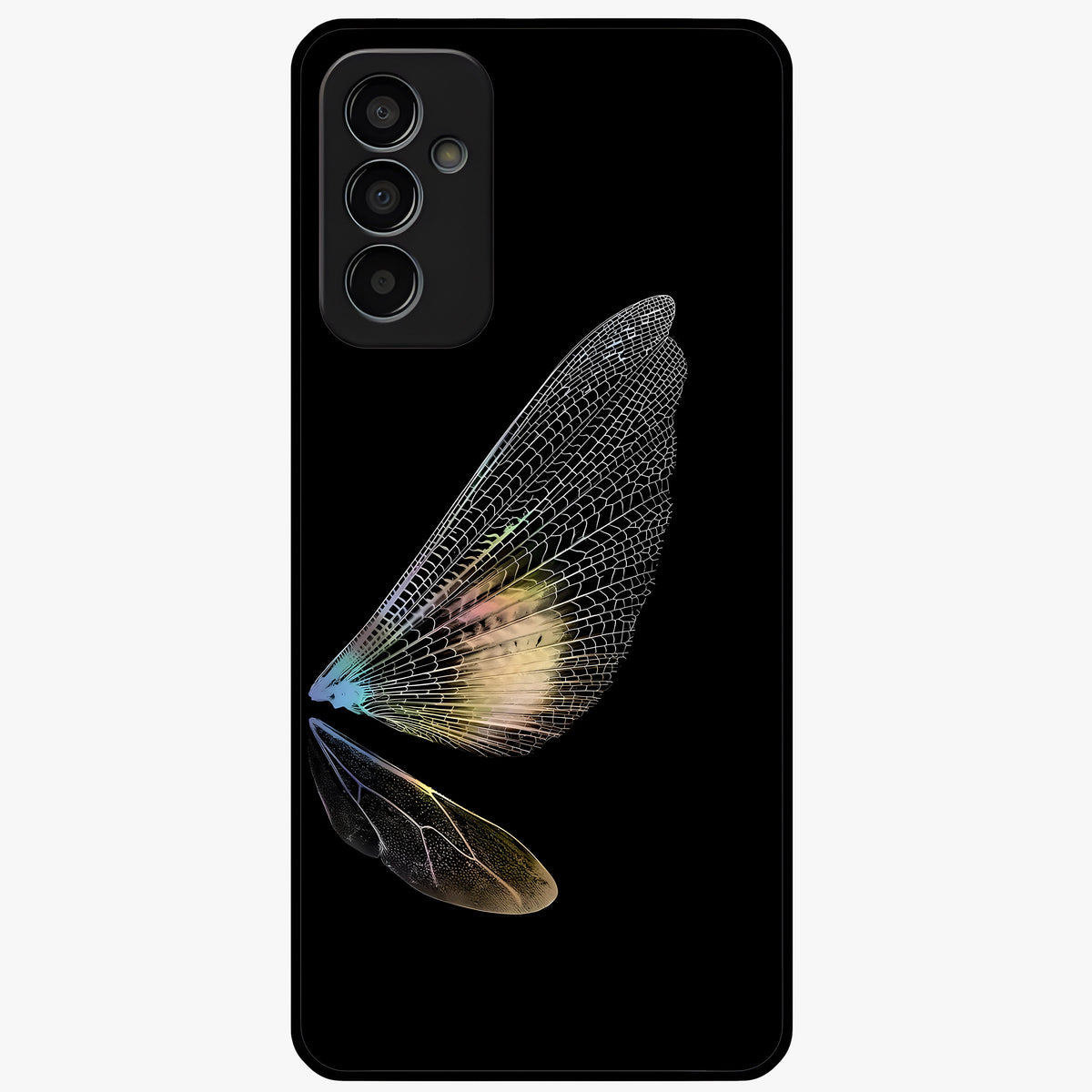 Whispers Of Wings Glass Case showing flat back view with graceful wing inspired artwork and glossy glass finish.