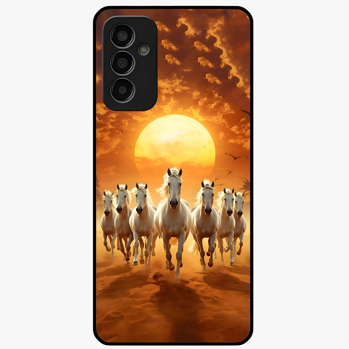 Wild Sunset Majesty Glass Case showing flat back view with majestic sunset landscape artwork and glossy glass finish.