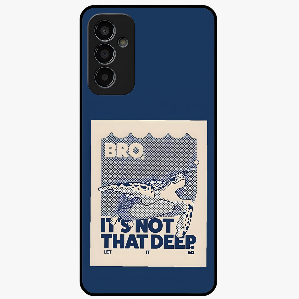 Worry Less Swim Glass Case showing flat back view with playful motivational artwork and glossy glass finish.