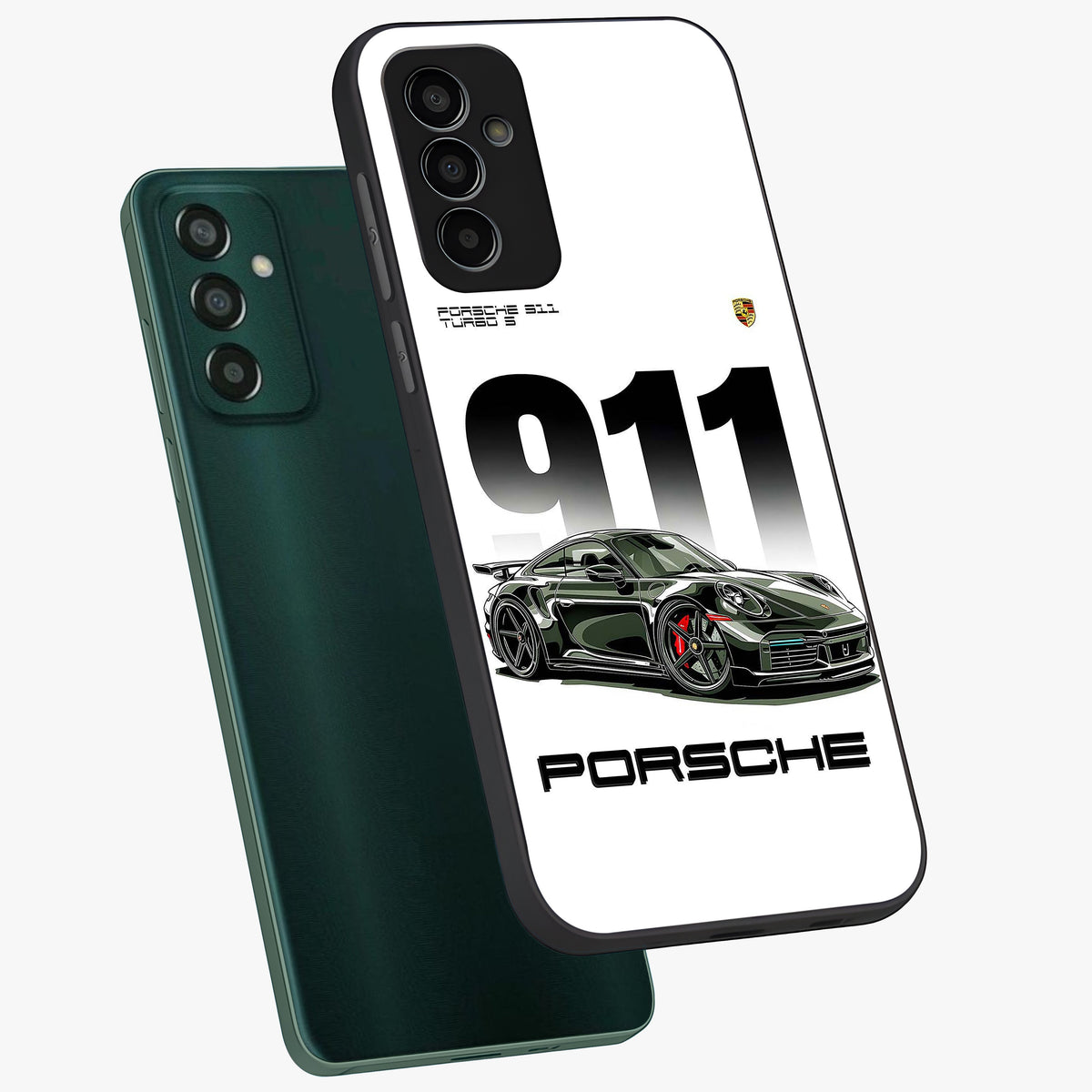 911 Turbo Dominance Glass Case displayed in premium angled mockup highlighting sporty car illustration and sleek glass surface.
