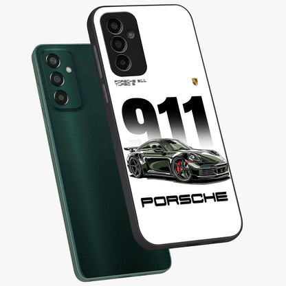 911 Turbo Dominance Glass Case displayed in premium angled mockup highlighting sporty car illustration and sleek glass surface.