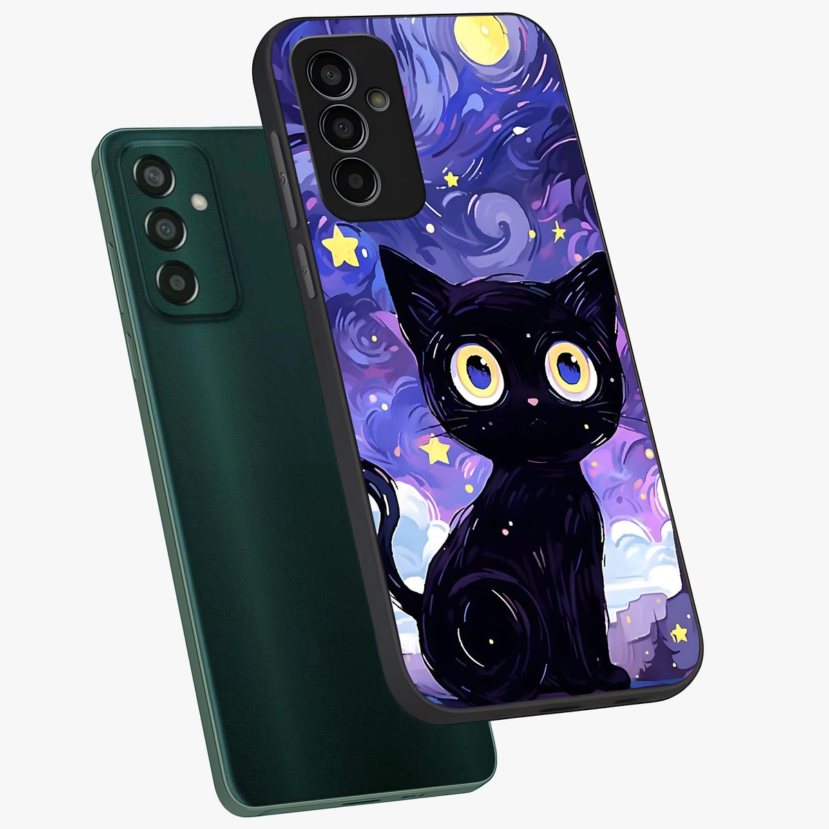 Abstract Cat Art Glass Case displayed in angled mockup highlighting modern abstract cat artwork and sleek glass surface.