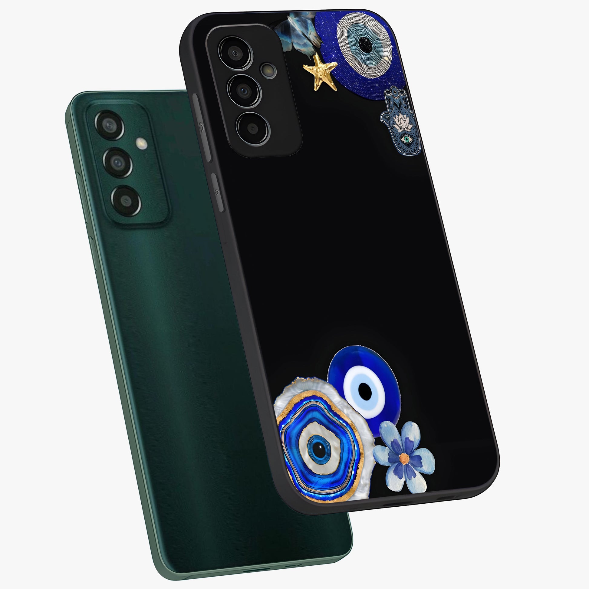 Aesthetic Blue Evil Eye Glass Case displayed in angled mockup highlighting blue evil eye symbol and spiritual aesthetic design.