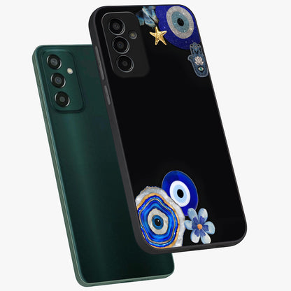 Aesthetic Blue Evil Eye Glass Case displayed in angled mockup highlighting blue evil eye symbol and spiritual aesthetic design.