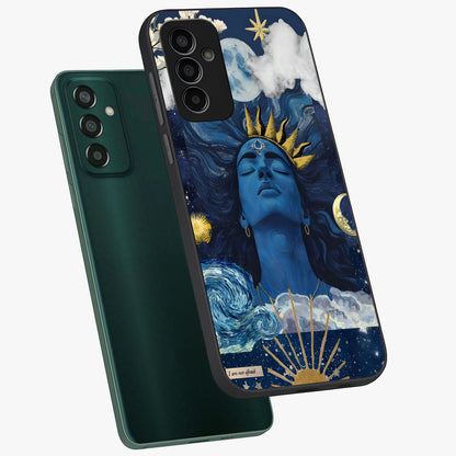 Aesthetic Lord Shiva Glass Case displayed in angled mockup highlighting spiritual Shiva illustration and sacred aesthetic design.