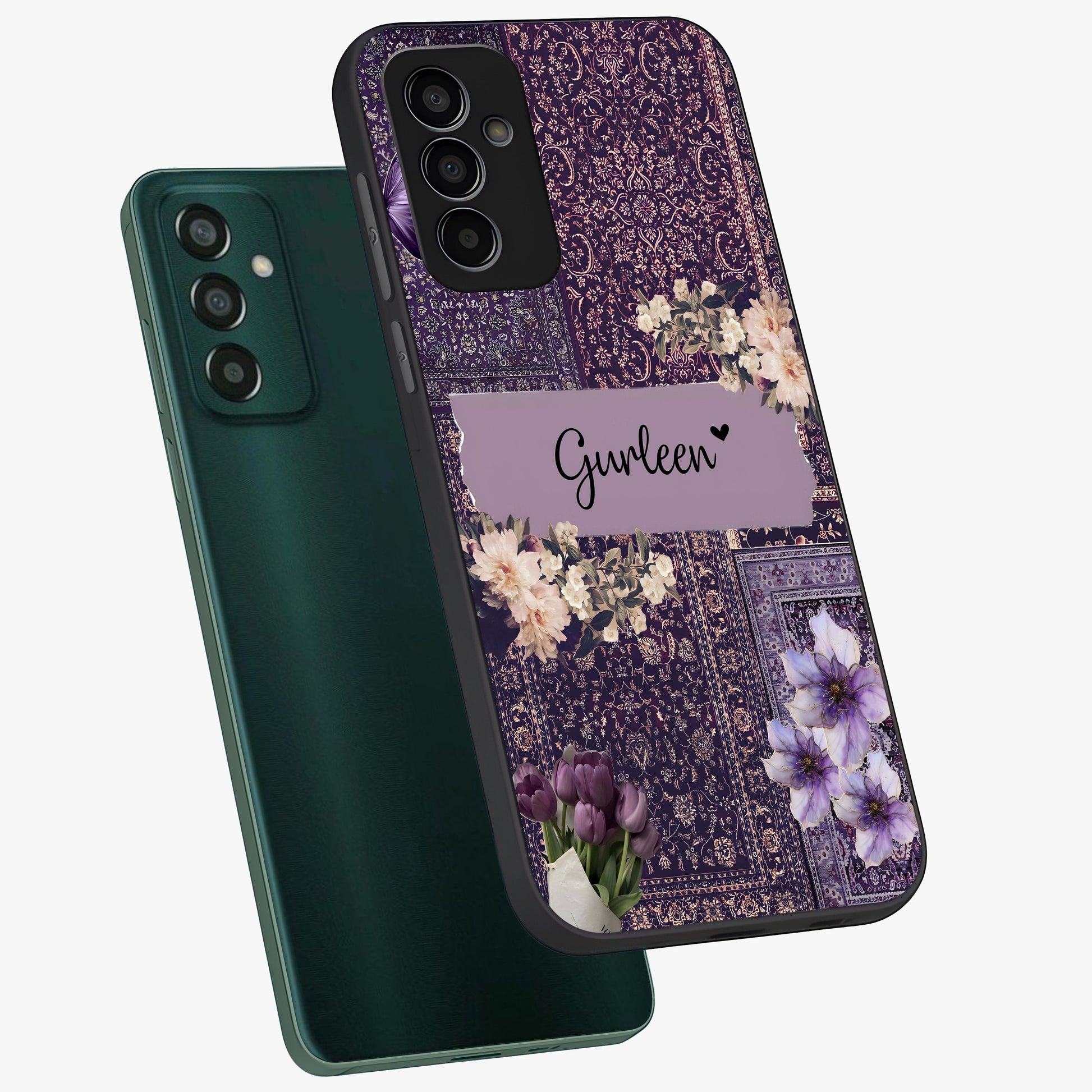 Antique Floral Whisper Custom Name Glass Case displayed in angled mockup highlighting elegant antique floral aesthetic.