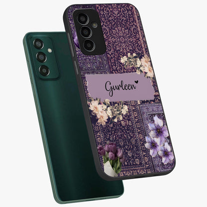 Antique Floral Whisper Custom Name Glass Case displayed in angled mockup highlighting elegant antique floral aesthetic.