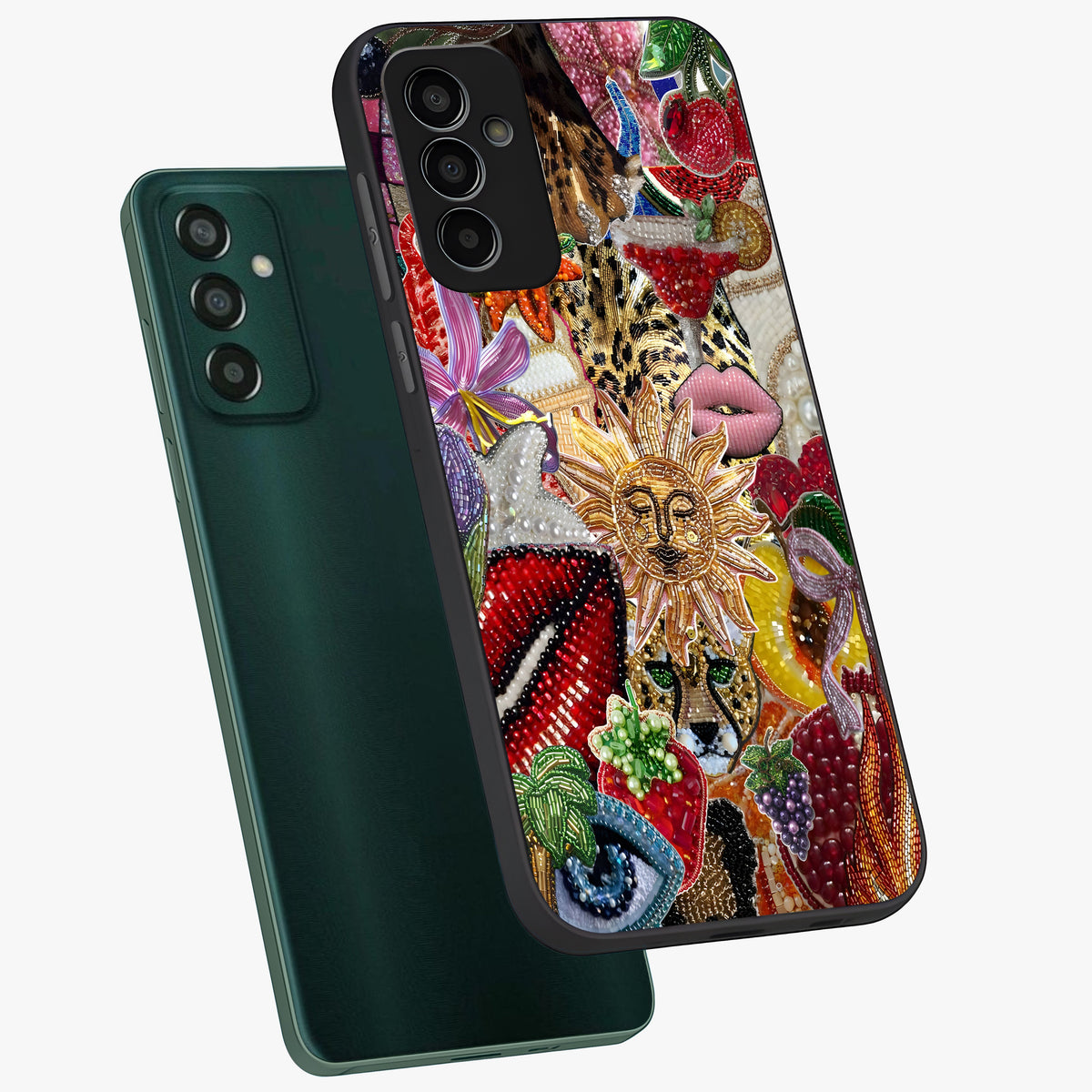 Beaded Fashion Jungle Glass Case displayed in angled mockup highlighting colorful fashion bead design and artistic pattern.